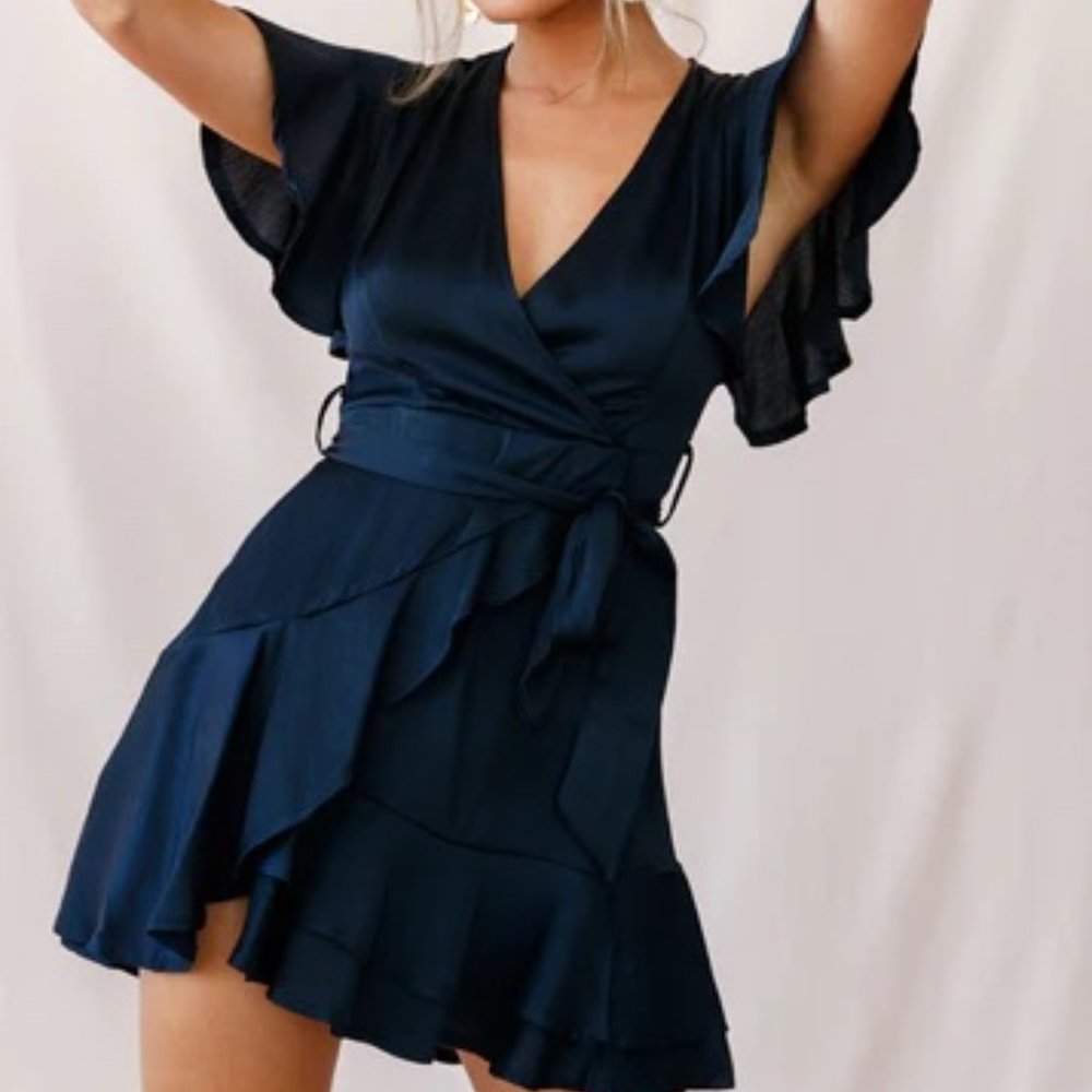 Saints + Secrets Dress | Silky Black Dress Ruffle Wrap Flowy